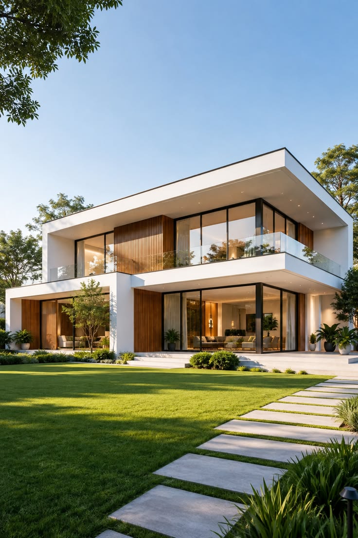Modern two-storey home with a glass balcony and palm-lined garden