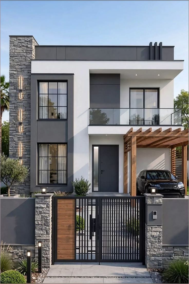Modern home with stone wall and timber pergola