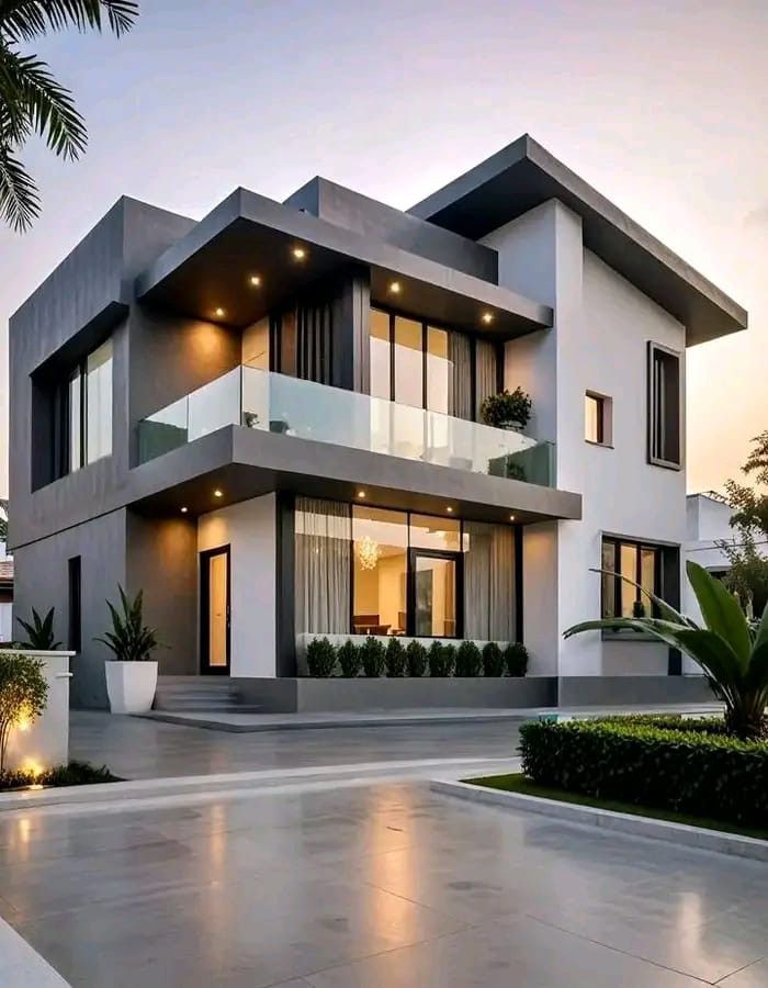 Contemporary home with cantilevered terrace at dusk